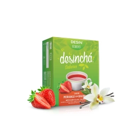 Embalagem chá Desinchá Morango com Baunilha 10 sachês visão lateral e ingredientes