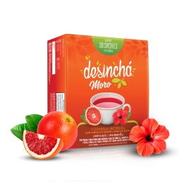 embalagem chá Laranja Moro e hibisco da Desinchá 30 sachês