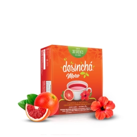 embalagem chá Laranja Moro e hibisco da Desinchá 30 sachês