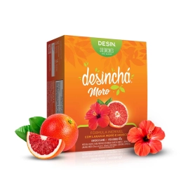 embalagem chá Laranja Moro e hibisco da Desinchá 30 sachês
