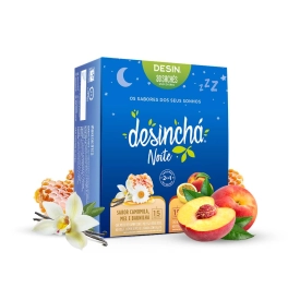 Caixa de 30 sachês Desinchá Noite sabor camomila 15 sachês, mel e baunilha 15 sachês.