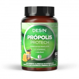 Um frasco de Própolis Protech, vitamínico em cápsulas da Desin.